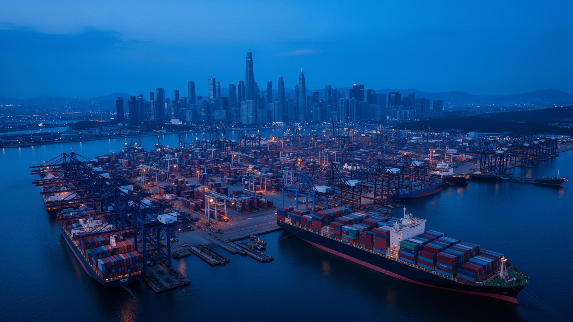 Global shipping port at dusk